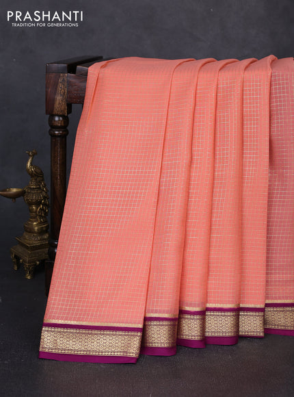 Pure mysore silk saree peach pink and purple with allover small zari checked pattern and zari woven border