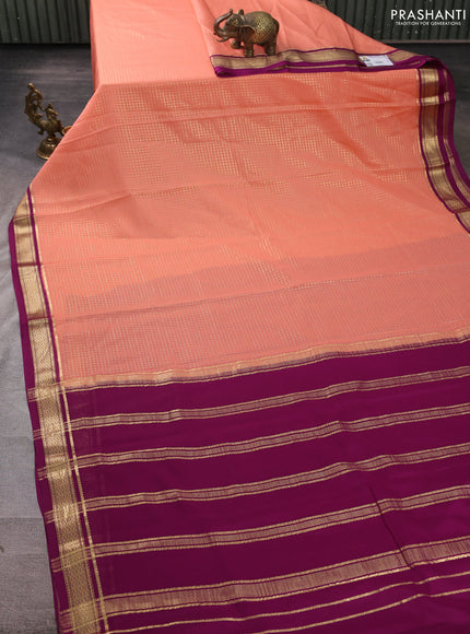 Pure mysore silk saree peach pink and purple with allover small zari checked pattern and zari woven border