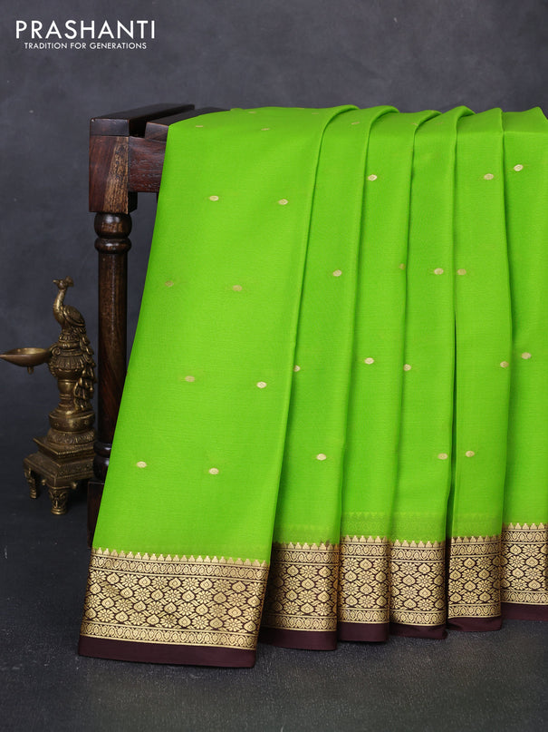 Pure mysore silk saree light green and coffee brown with zari woven buttas and zari woven border
