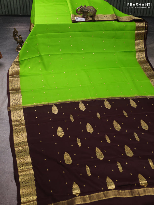 Pure mysore silk saree light green and coffee brown with zari woven buttas and zari woven border