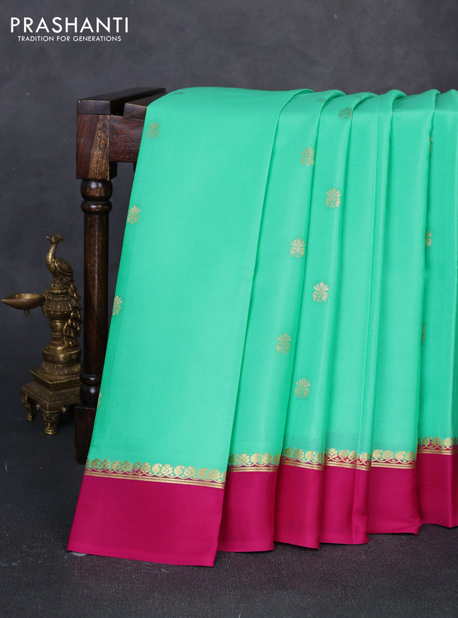 Pure mysore silk saree teal green and pink with zari woven buttas and zari woven simple border