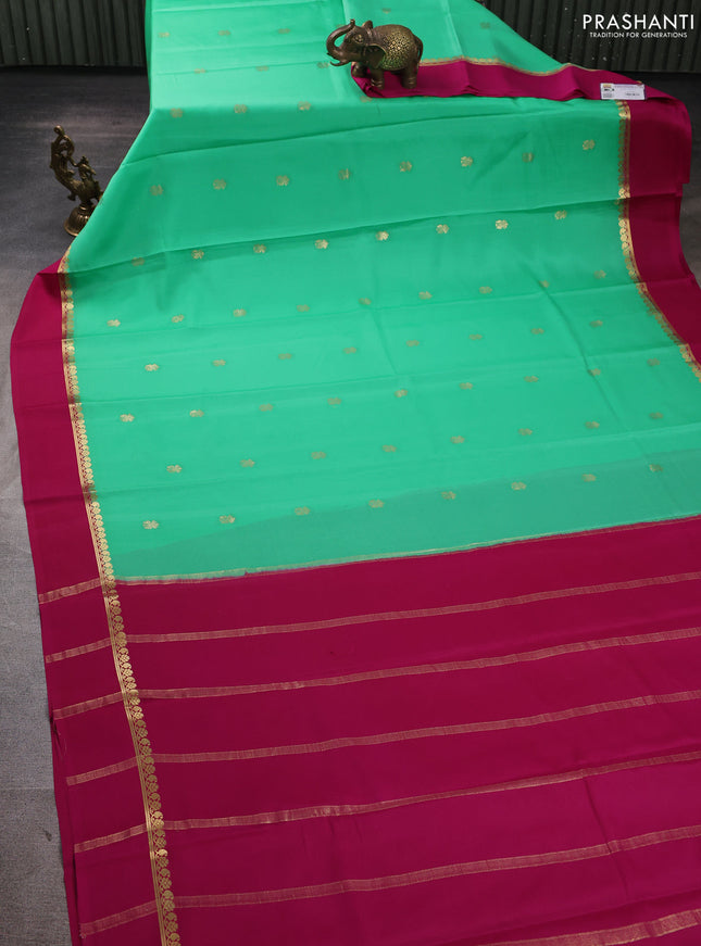 Pure mysore silk saree teal green and pink with zari woven buttas and zari woven simple border