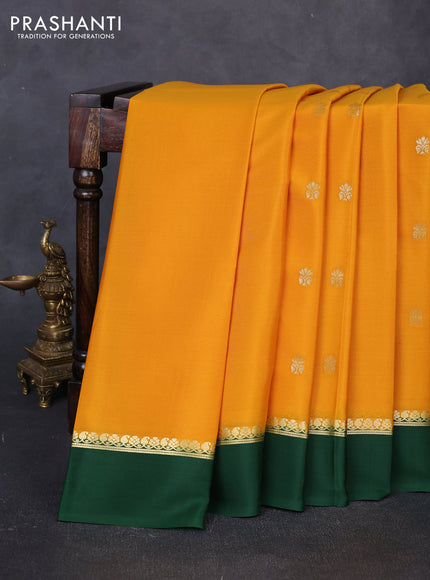 Pure mysore silk saree mustard yellow and green with zari woven buttas and zari woven simple border