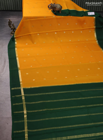 Pure mysore silk saree mustard yellow and green with zari woven buttas and zari woven simple border