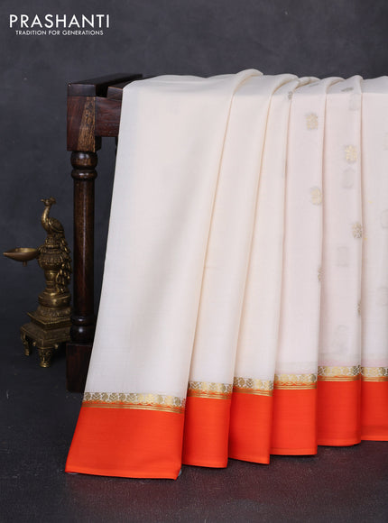 Pure mysore silk saree off white and orange with zari woven buttas and zari woven simple border