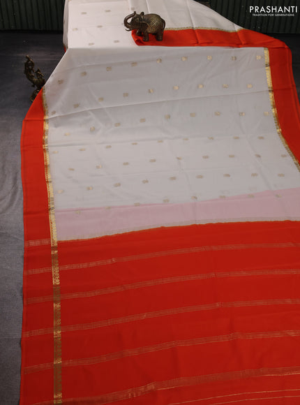 Pure mysore silk saree off white and orange with zari woven buttas and zari woven simple border