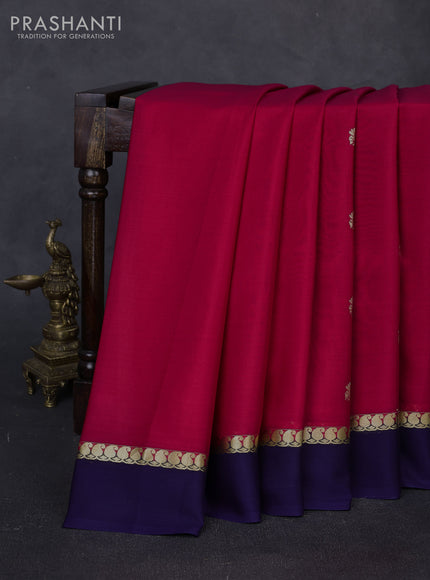 Pure mysore silk saree tomato pink and navy blue with zari woven buttas and zari woven simple border