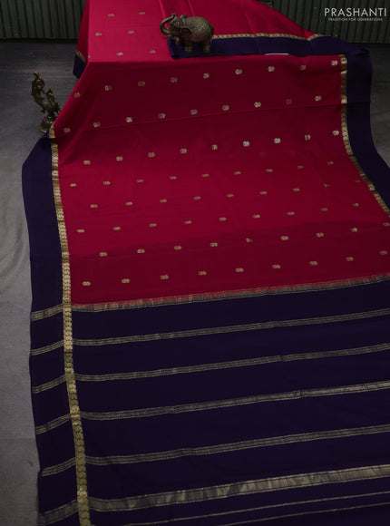 Pure mysore silk saree tomato pink and navy blue with zari woven buttas and zari woven simple border