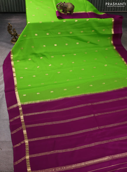 Pure mysore silk saree light green and purple with zari woven buttas and zari woven simple border