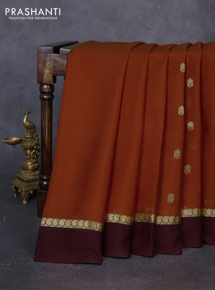Pure mysore silk saree rustic orange and coffee brown with zari woven buttas and zari woven simple border