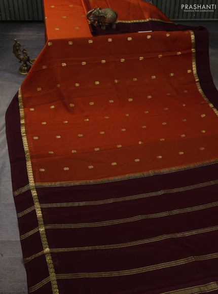 Pure mysore silk saree rustic orange and coffee brown with zari woven buttas and zari woven simple border