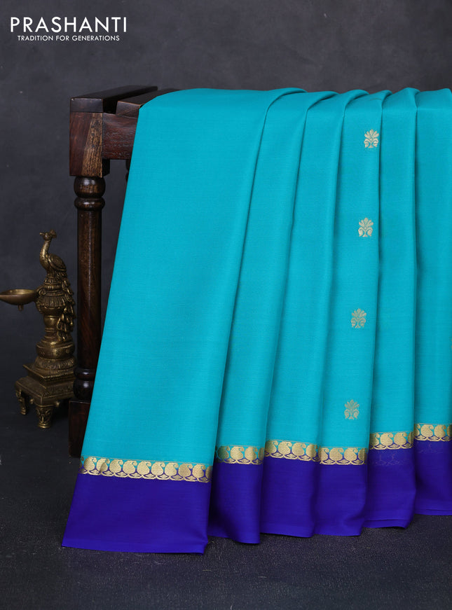 Pure mysore silk saree teal blue and blue with zari woven buttas and zari woven simple border