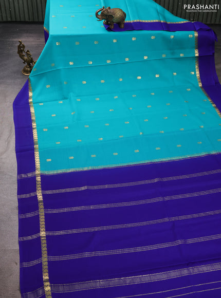 Pure mysore silk saree teal blue and blue with zari woven buttas and zari woven simple border