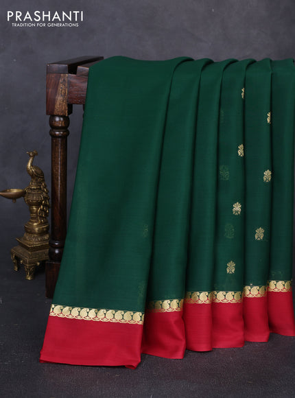 Pure mysore silk saree green and red with zari woven buttas and zari woven simple border