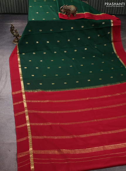 Pure mysore silk saree green and red with zari woven buttas and zari woven simple border