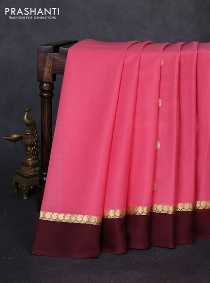 Pure mysore silk saree peach pink and coffee brown with zari woven buttas and zari woven simple border