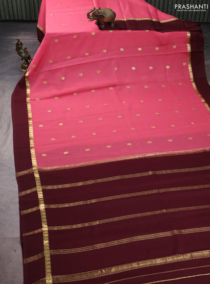 Pure mysore silk saree peach pink and coffee brown with zari woven buttas and zari woven simple border