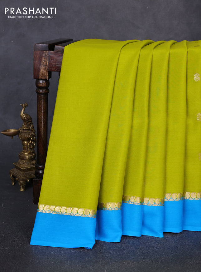 Pure mysore silk saree lime green and blue with zari woven buttas and zari woven simple border
