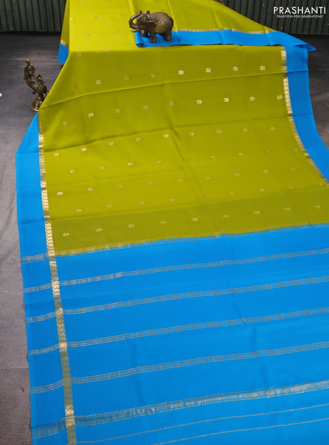 Pure mysore silk saree lime green and blue with zari woven buttas and zari woven simple border