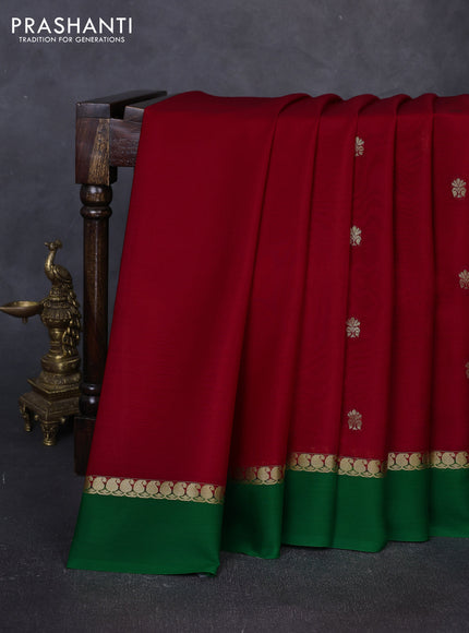 Pure mysore silk saree red and green with zari woven buttas and zari woven simple border