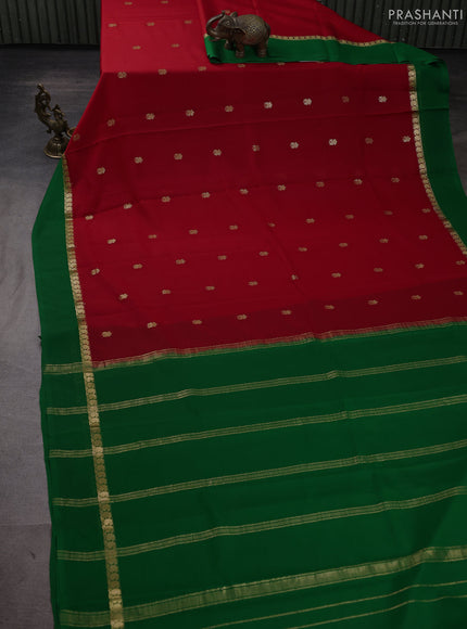 Pure mysore silk saree red and green with zari woven buttas and zari woven simple border