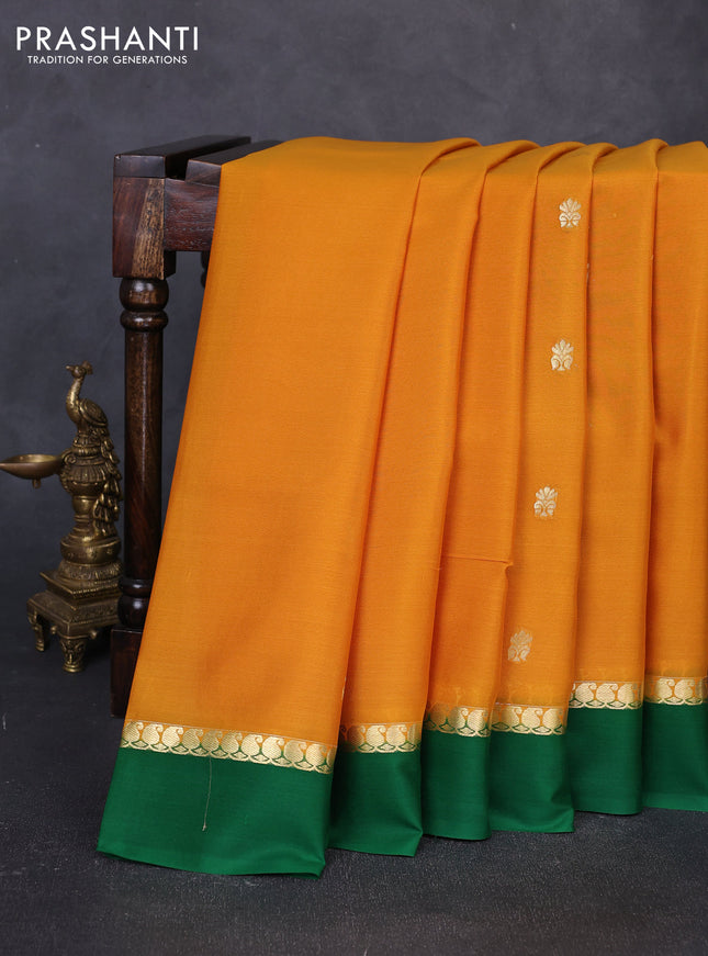 Pure mysore silk saree mustard yellow and green with zari woven buttas and zari woven simple border
