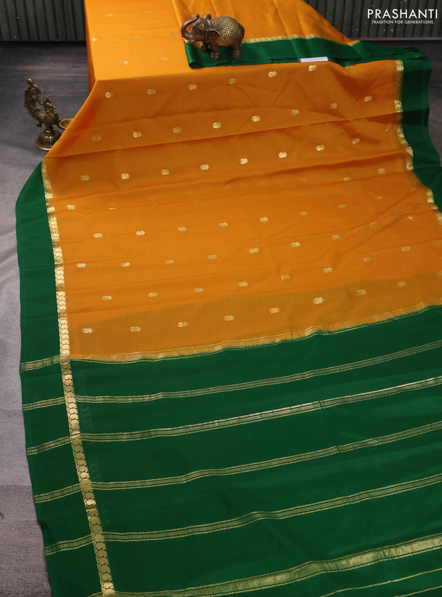 Pure mysore silk saree mustard yellow and green with zari woven buttas and zari woven simple border