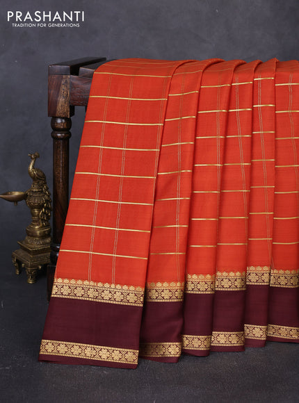 Pure mysore silk saree rustic orange and coffee brown with allover zari woven checked pattern and rettapet zari woven border