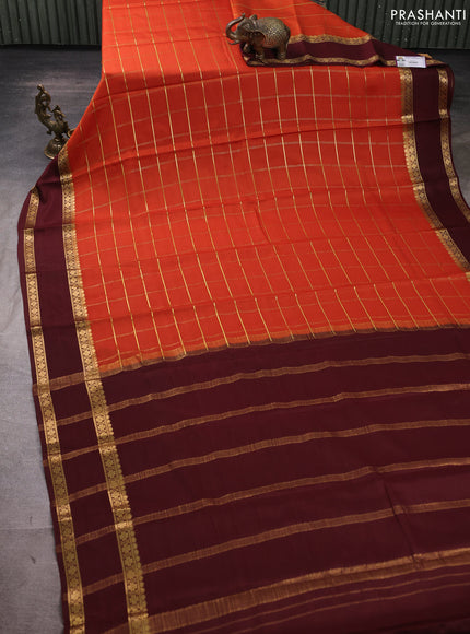 Pure mysore silk saree rustic orange and coffee brown with allover zari woven checked pattern and rettapet zari woven border