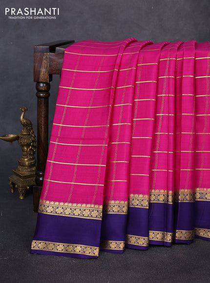 Pure mysore silk saree pink and violet with allover zari woven checked pattern and rettapet zari woven border