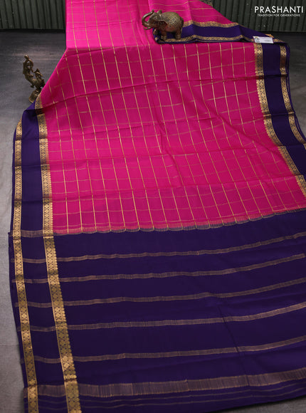 Pure mysore silk saree pink and violet with allover zari woven checked pattern and rettapet zari woven border