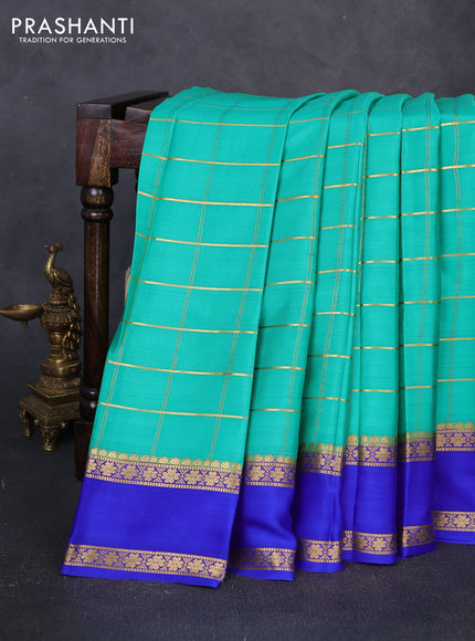 Pure mysore silk saree teal green and blue with allover zari woven checked pattern and rettapet zari woven border