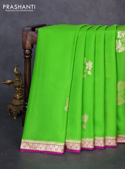 Pure mysore silk saree parrot green and purple with zari woven buttas and zari woven border