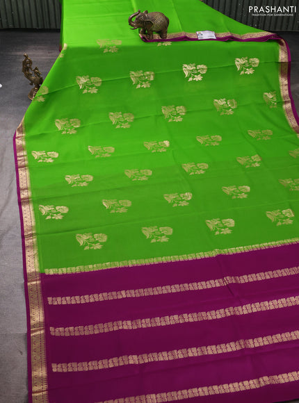 Pure mysore silk saree parrot green and purple with zari woven buttas and zari woven border