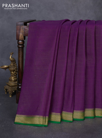 Pure mysore silk saree purple and green with allover small zari woven checked pattern and zari woven border