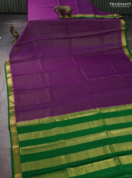 Pure mysore silk saree purple and green with allover small zari woven checked pattern and zari woven border
