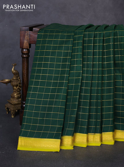 Pure mysore silk saree bottle green and lime green with allover zari woven checked pattern and zari woven border