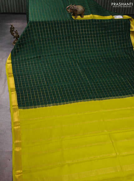 Pure mysore silk saree bottle green and lime green with allover zari woven checked pattern and zari woven border