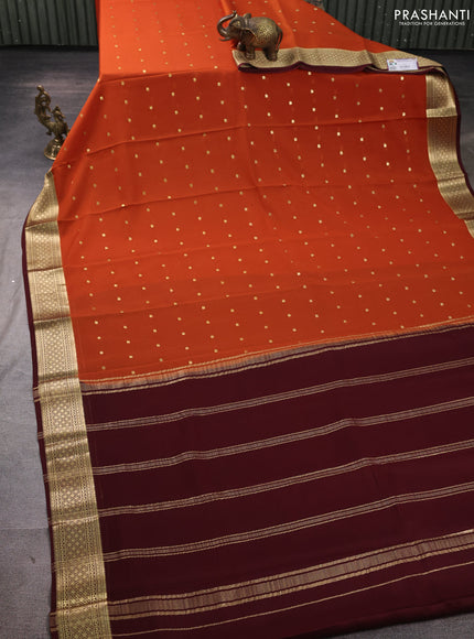 Pure mysore silk saree rustic orange and deep brown with zari woven buttas and zari woven border