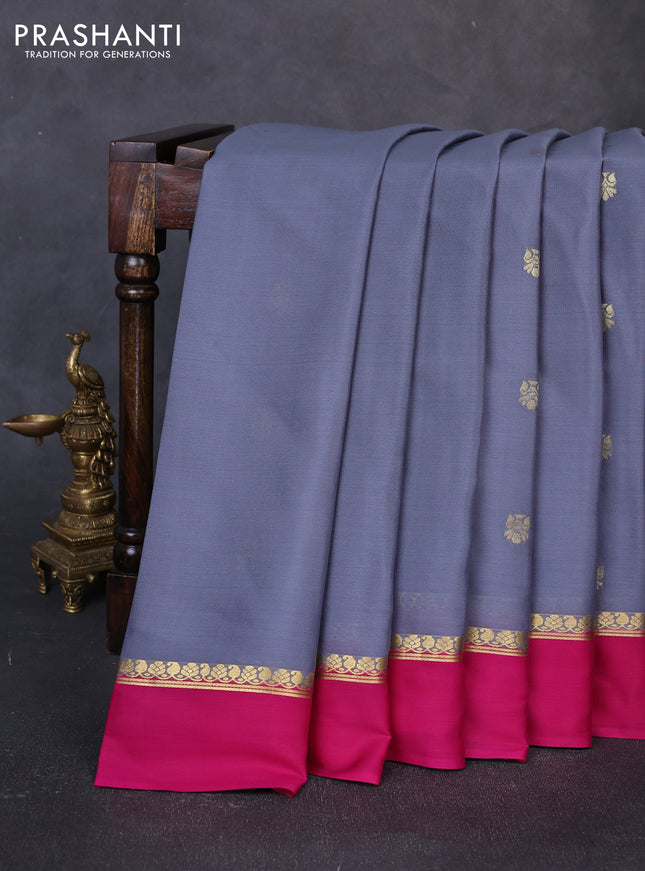 Pure mysore silk saree grey and pink with zari woven buttas and zari woven simple border