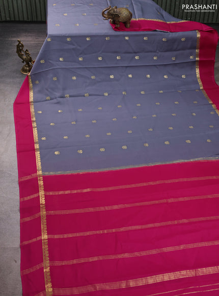 Pure mysore silk saree grey and pink with zari woven buttas and zari woven simple border