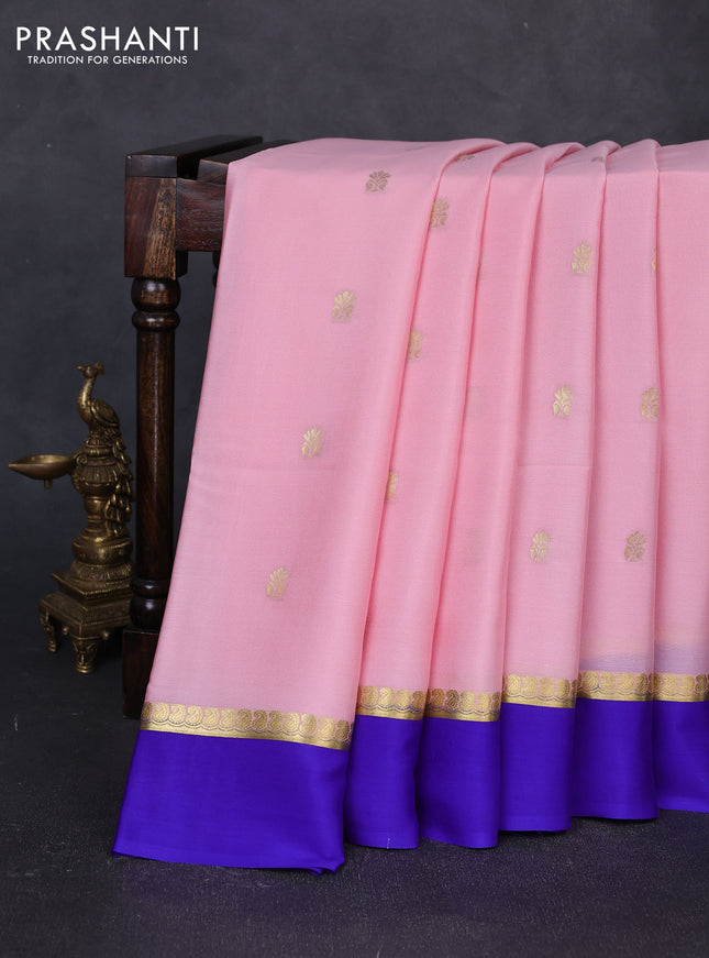 Pure mysore silk saree baby pink and blue with zari woven buttas and zari woven simple border