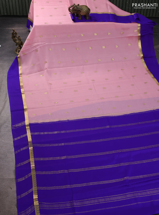 Pure mysore silk saree baby pink and blue with zari woven buttas and zari woven simple border