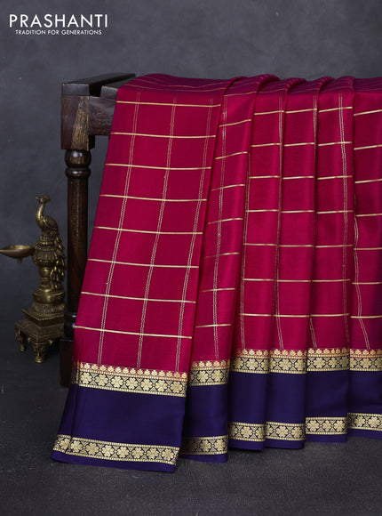 Pure mysore silk saree tomato pink and deep violet with allover zari woven checked pattern and rettapet zari woven border