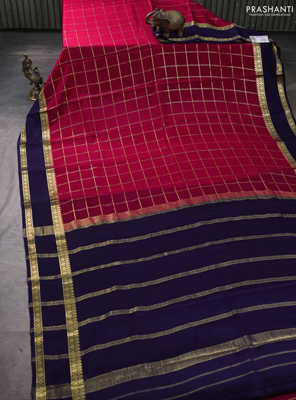Pure mysore silk saree tomato pink and deep violet with allover zari woven checked pattern and rettapet zari woven border