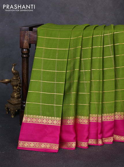 Pure mysore silk saree mehendi green and pink with allover zari woven checked pattern and rettapet zari woven border