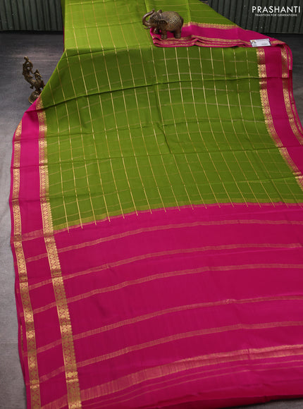 Pure mysore silk saree mehendi green and pink with allover zari woven checked pattern and rettapet zari woven border