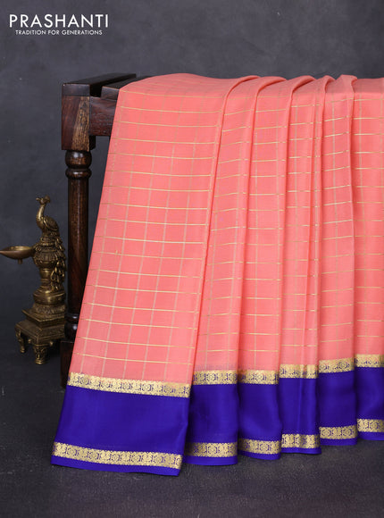 Pure mysore silk saree peach pink and blue with allover zari woven checked pattern and rettapet zari woven border