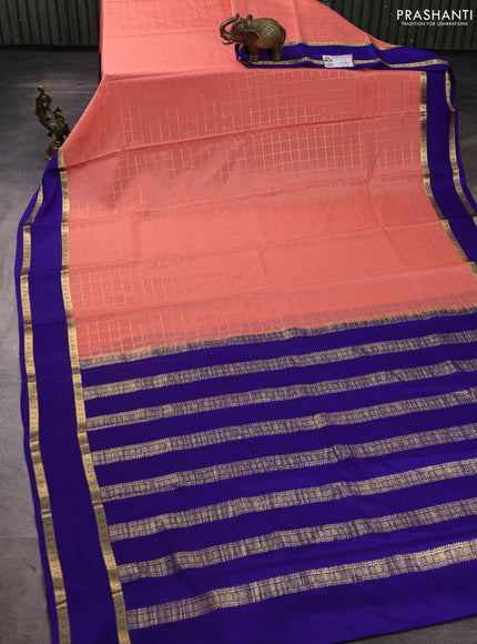 Pure mysore silk saree peach pink and blue with allover zari woven checked pattern and rettapet zari woven border