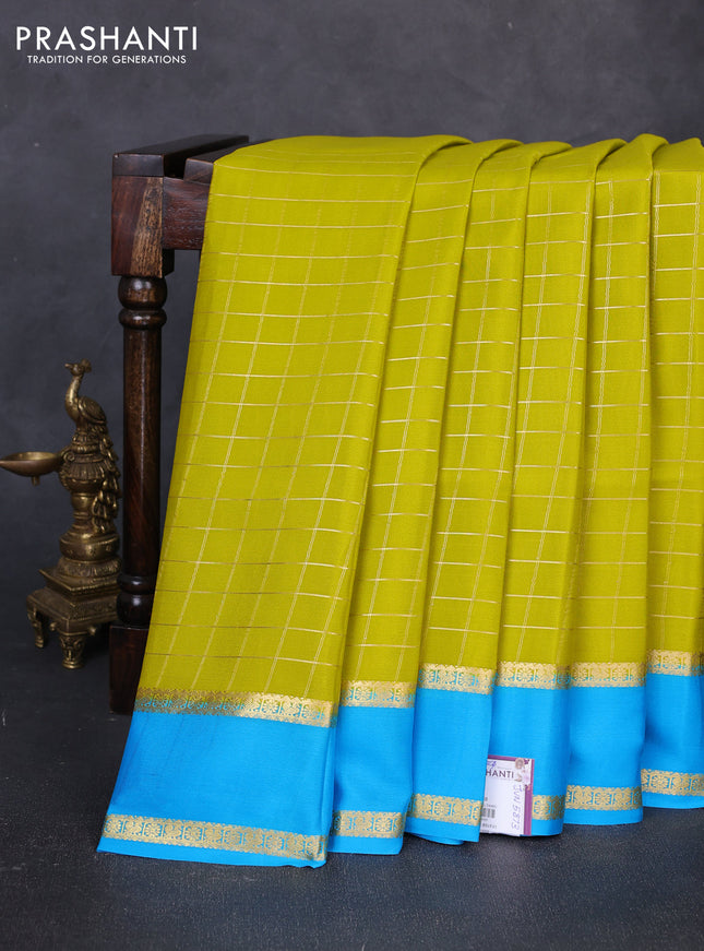 Pure mysore silk saree lime green and blue with allover zari woven checked pattern and rettapet zari woven border